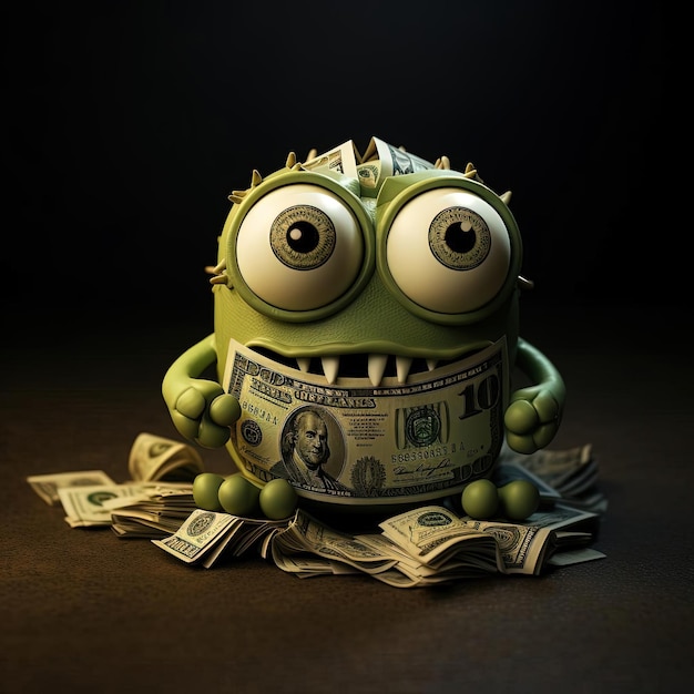 a green monster holds a dollar bill in the style of minimalist photography