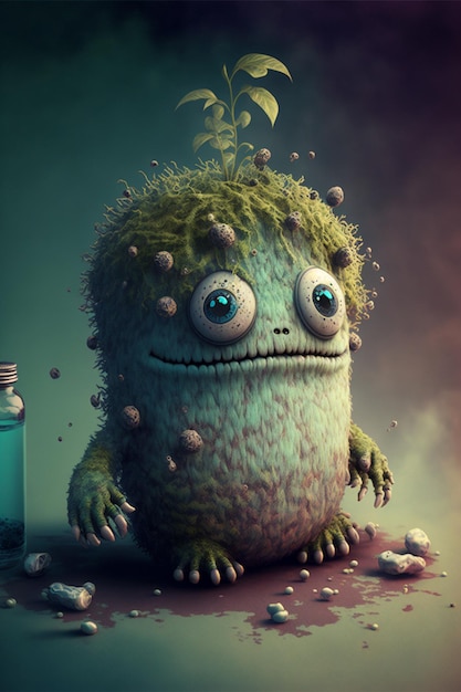 Green monster sitting on top of a table next to a jar generative ai