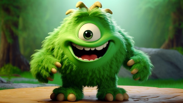 green monster smiling one eye cartoon chibi 3d