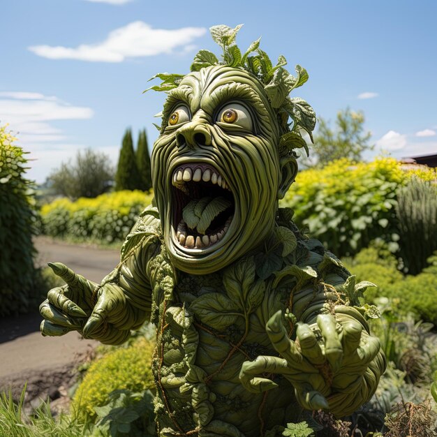 a green monster with a green face and a blue sky in the background