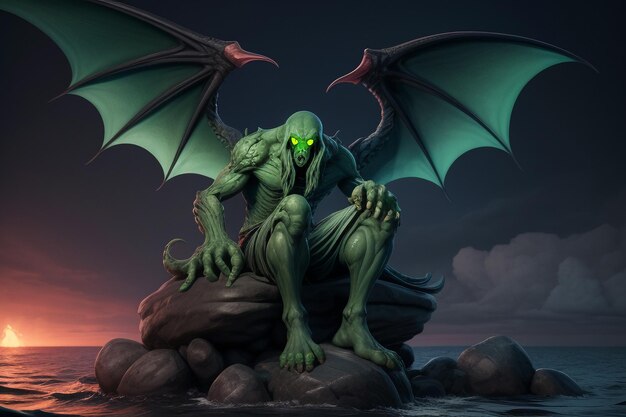 Green monster with a pair of wings dangerous beast wallpaper background illustration