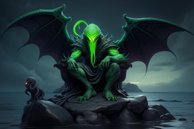 Green monster with a pair of wings dangerous beast wallpaper background illustration