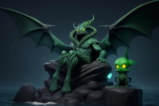 Green monster with a pair of wings dangerous beast wallpaper background illustration