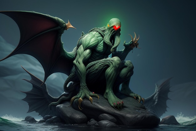 Photo green monster with a pair of wings dangerous beast wallpaper background illustration