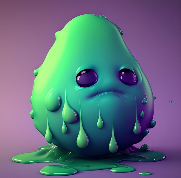 A green monster with purple eyes and a purple background.