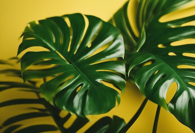 Green monstera leaf isolated on a yellow background