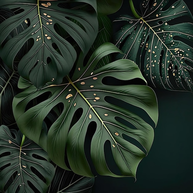 緑のモンステラの葉の背景イラスト AIジェネレーティブ