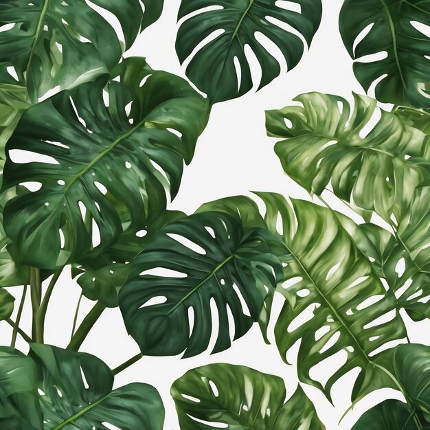 Green monstera leaves by a white wall