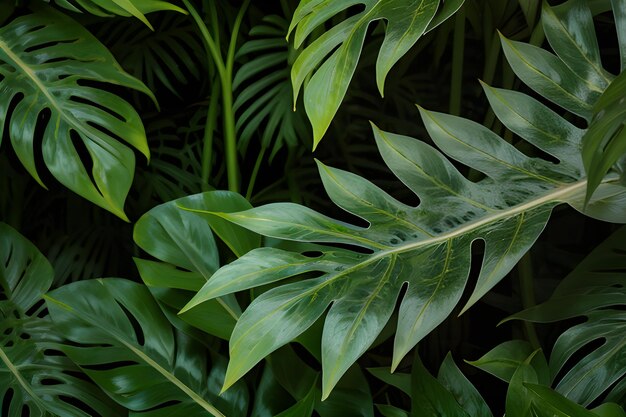 Green monstera leaves vintage on seamless background