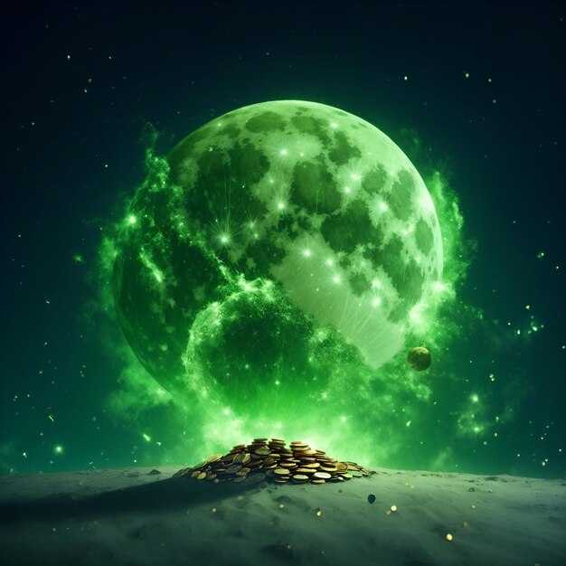 Photo a green moon with a pile of coins