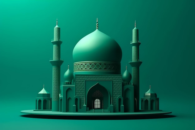 A green mosque with a blue dome and a green background.