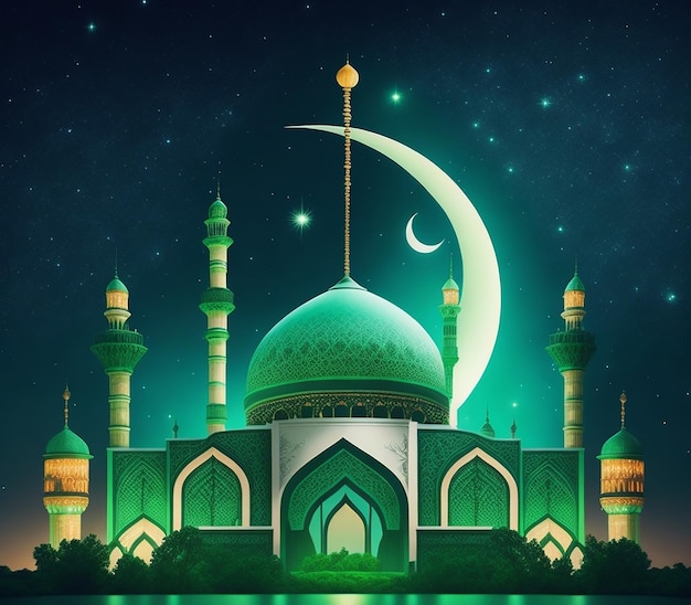 A green mosque with a crescent moon in the background