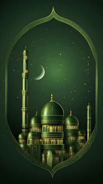 a green mosque with a crescent moon in the background