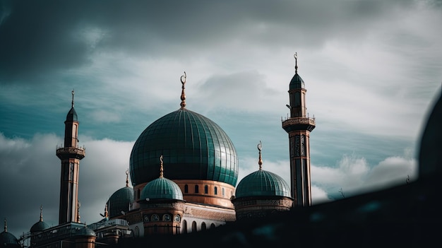 어두운 하늘을 배경으로 한 녹색 모스크