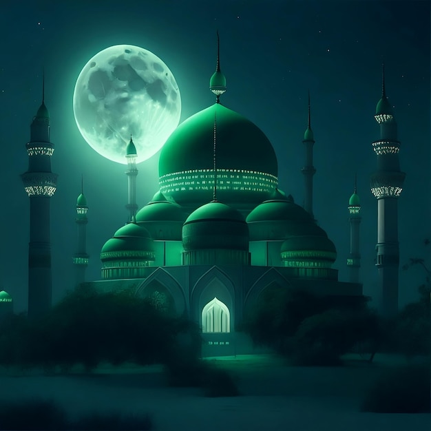 A green mosque with a full moon in the background