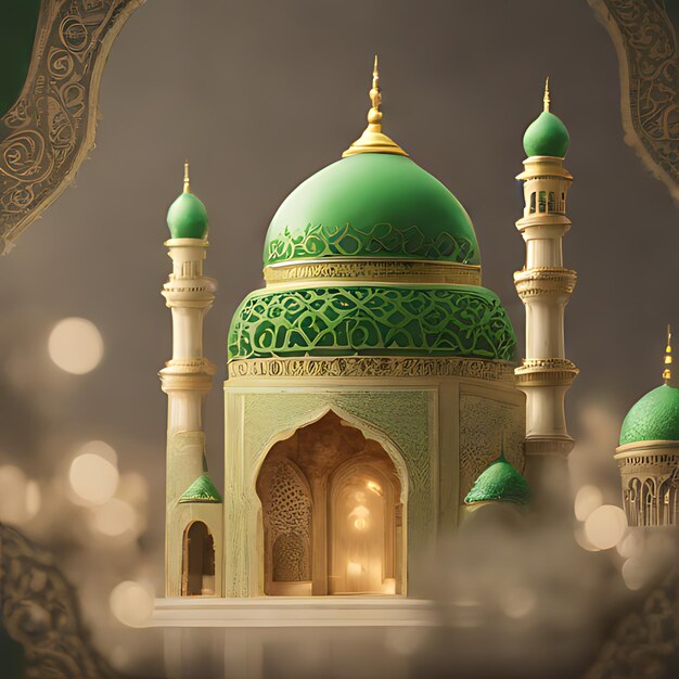 a green mosque with a gold and green dome on the top