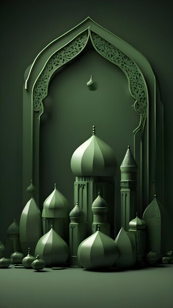 a green mosque with a green background and a mosque in the center