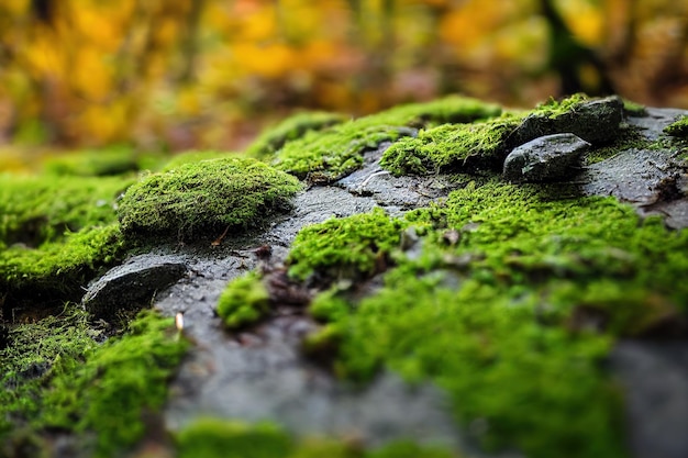 Green moss on autumn forest ground close up