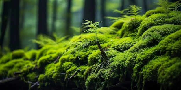 国立公園内の森林を背景にした緑の苔のクローズアップ