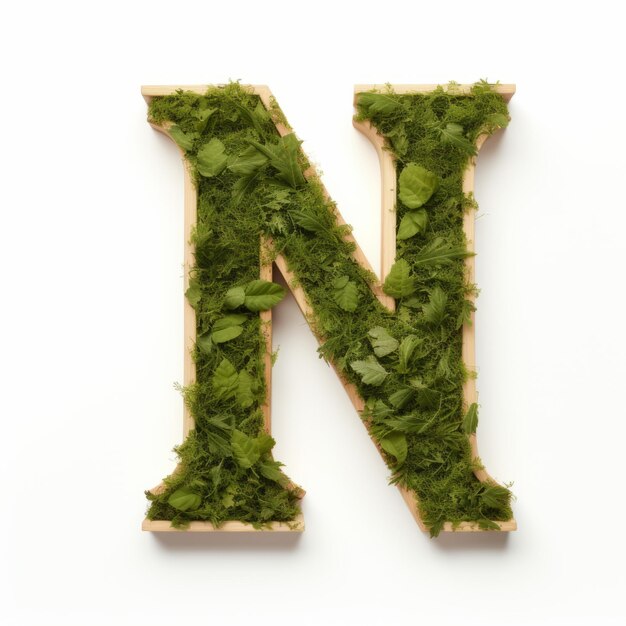 Photo green moss filled wooden letter n double exposure style