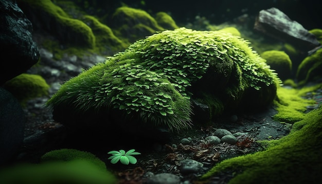 Green moss in the forest on a stone Generative AI