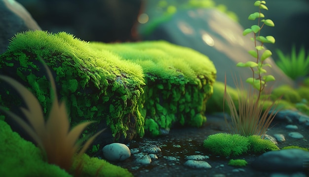 Green moss in the forest on a stone Generative AI