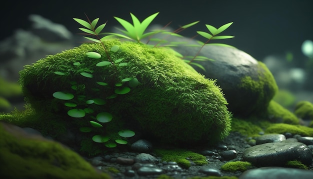 Green moss in the forest on a stone Generative AI