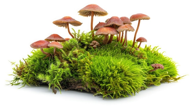 Green moss and mushrooms isolated on white