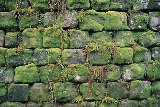 Green moss on old stone wall Old stone wall texture background