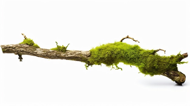 Green moss on rotten branch isolated on white background