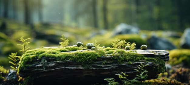 Green moss on a stump mushrooms on a blurred forest background