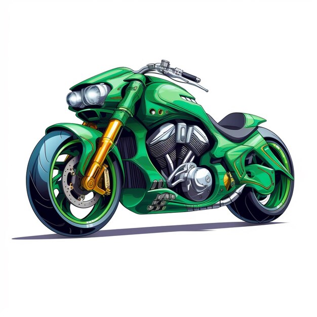 Зеленый мотоцикл нарисован в мультяшном стиле.