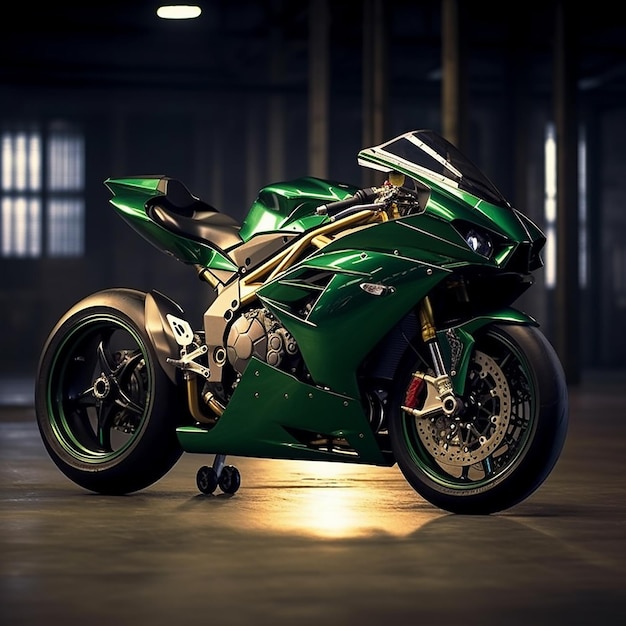 A green motorcycle is parked in a dark room.