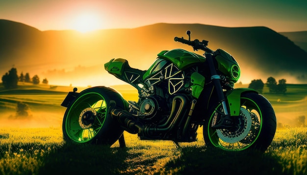A green motorcycle is parked in front of a mountain range.