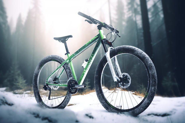 A green mountain bike in the snow