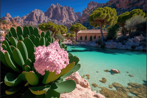 Foto sullo sfondo c'è una montagna verde con davanti un fiore rosa.