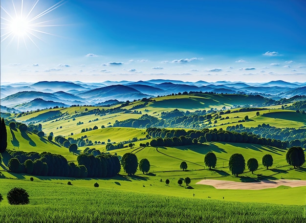 曇り空を背景に緑の山の風景