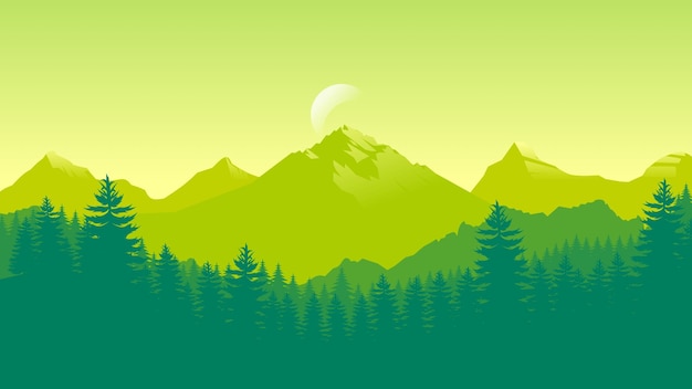 Green mountain landscape wallpaper in a minimalist flat design style