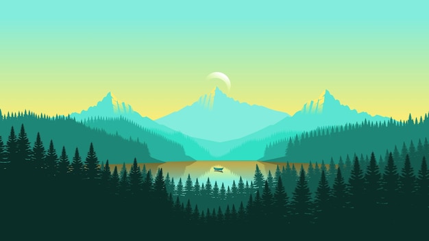 Green mountain landscape wallpaper in a minimalist flat design style