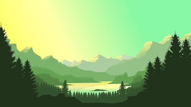 Green mountain landscape wallpaper in a minimalist flat design style