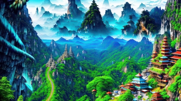 A green mountain landscape with a chinese temple in the middle.