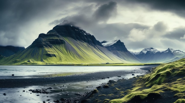 A green mountain landscape with a lake and mountains in the background.