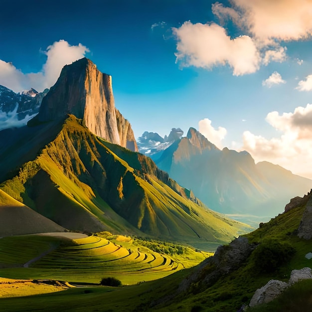 A green mountain landscape with a mountain in the background