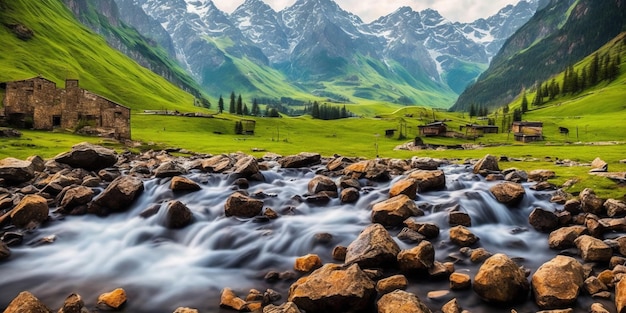 A green mountain landscape with a river flowing through it.