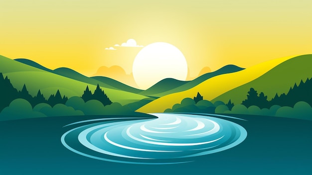 Зелёный логотип горы и желтое солнце, есть голубая река, генерирующая ИИ.