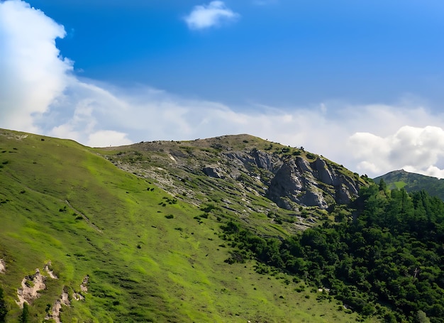 Green mountain peak slope bright sky