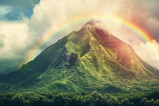 Foto la montagna verde sotto l'arcobaleno