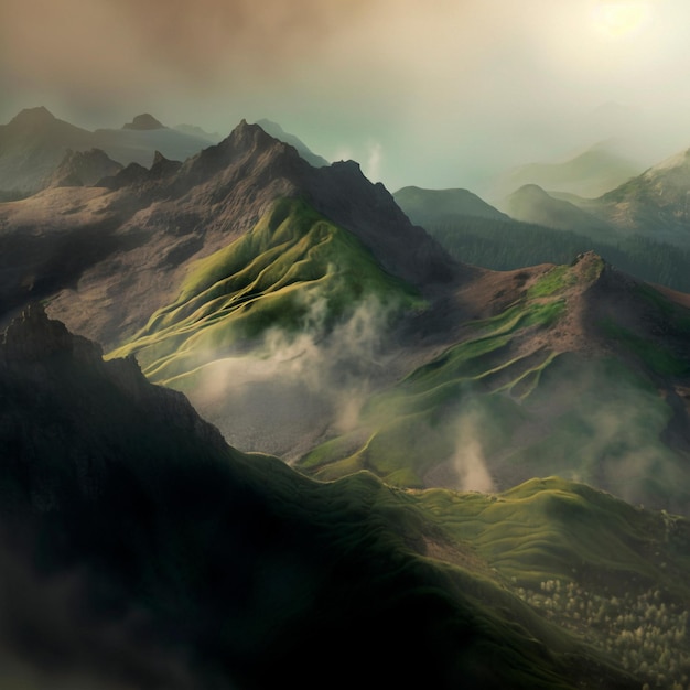 Green mountain range Landscape of misty mountains