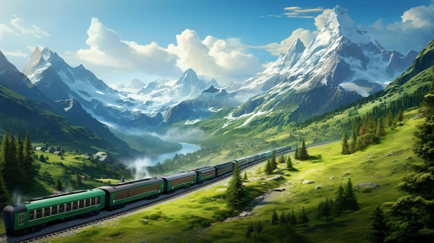 green mountain train in the mountains