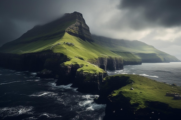 A green mountain with a green cliff in the background